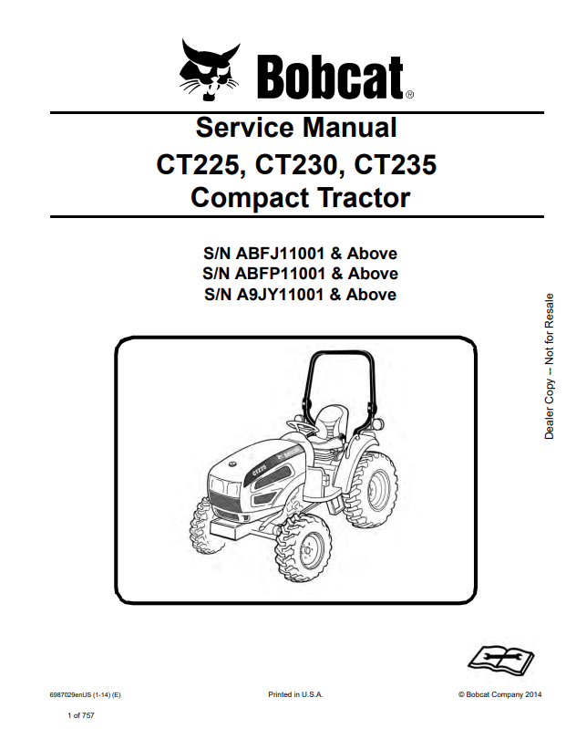 BOBCAT CT225, CT230, CT235 COMPACT TRACTOR SERVICE MANUAL 6987029 PDF