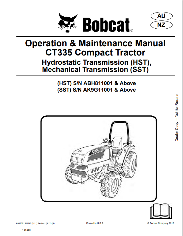 BOBCAT CT335 COMPACT TRACTOR OPERATION AND MAINTENANCE MANUAL 6987081 PDF