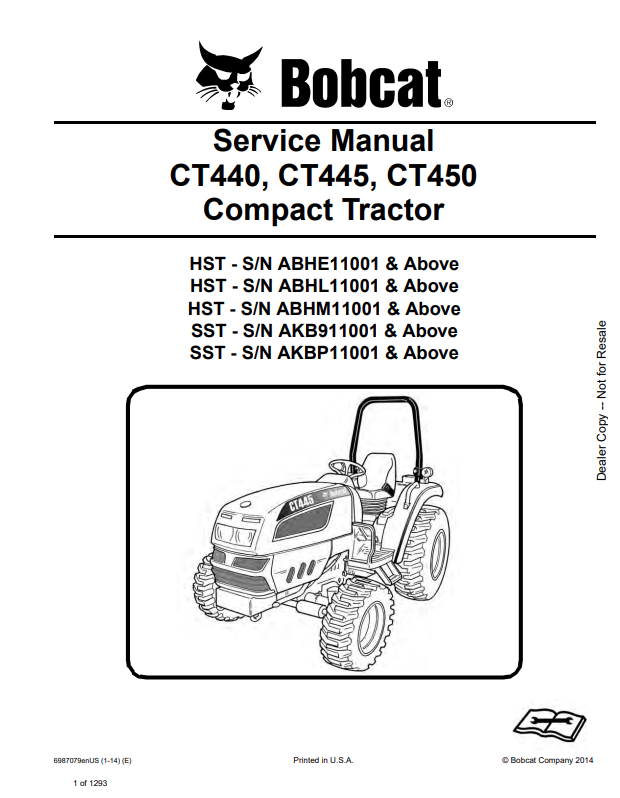 BOBCAT CT440, CT445, CT450 COMPACT TRACTOR SERVICE MANUAL 6987079 PDF