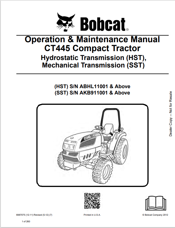 BOBCAT CT445 COMPACT TRACTOR OPERATION AND MAINTENANCE MANUAL 6987075 PDF