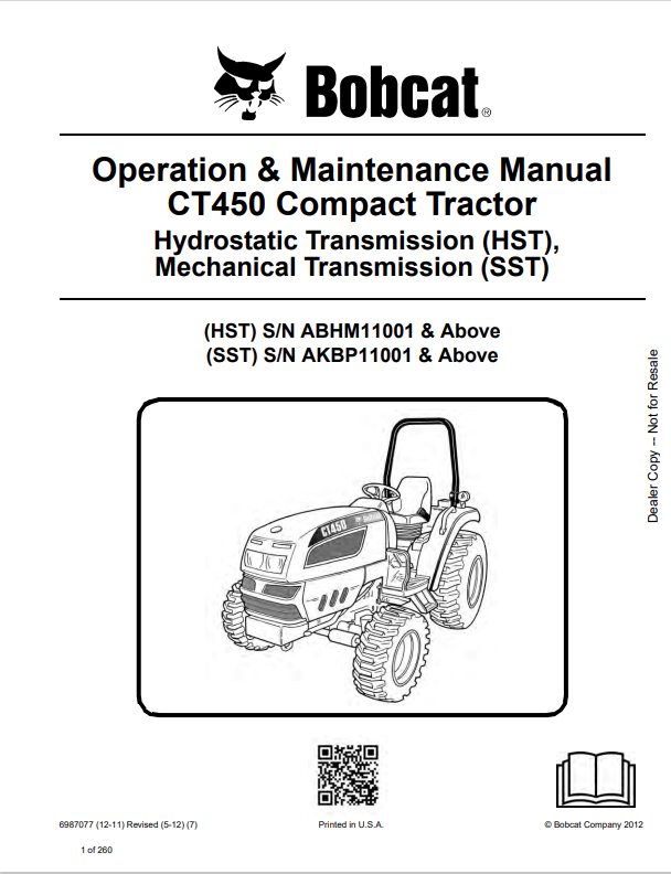 BOBCAT CT450 COMPACT TRACTOR OPERATION AND MAINTENANCE MANUAL 6987077 PDF