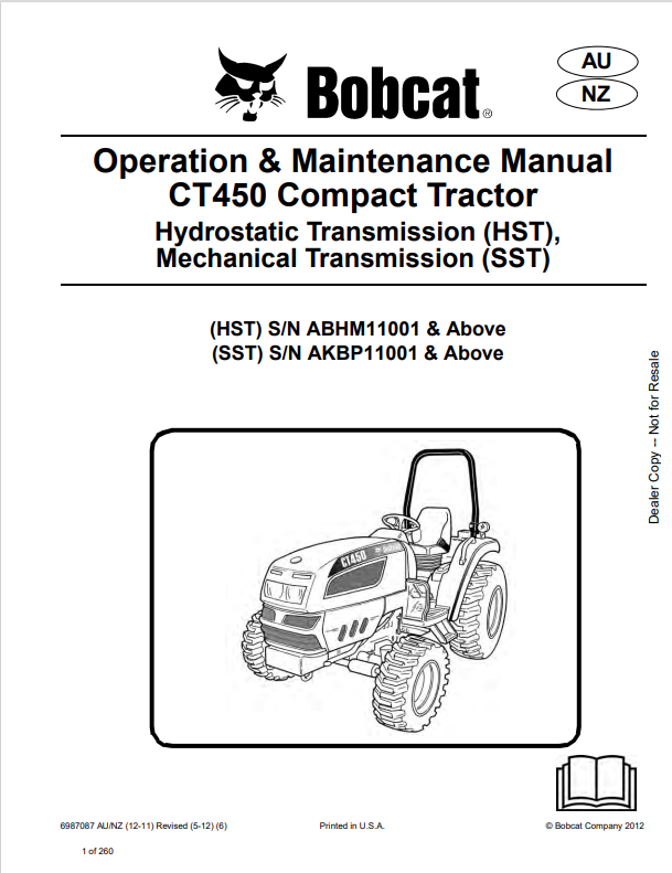BOBCAT CT450 COMPACT TRACTOR OPERATION AND MAINTENANCE MANUAL 6987087 PDF