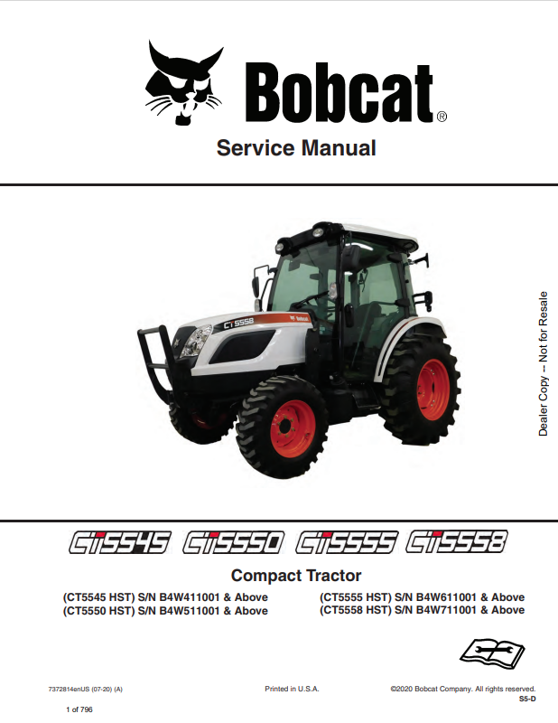BOBCAT CT5545, CT5550, CT5555, CT5558 COMPACT TRACTOR SERVICE MANUAL 7372814 PDF