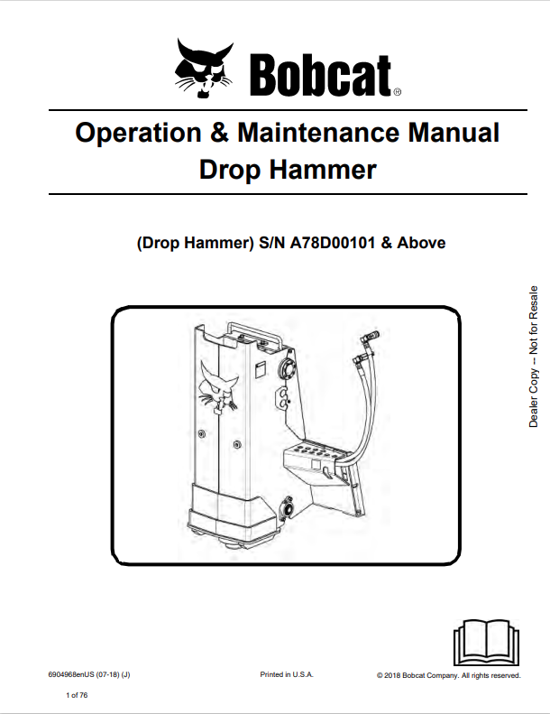 BOBCAT DROP HAMMER OPERATION AND MAINTENANCE MANUAL 6904968 PDF