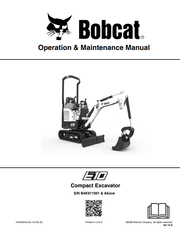 BOBCAT E10 COMPACT EXCAVATOR OPERATION AND MAINTENANCE MANUAL 7334487 PDF