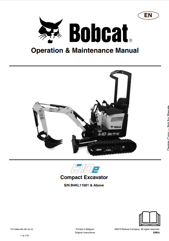 BOBCAT E10e COMPACT EXCAVATOR OPERATION AND MAINTENANCE MANUAL 7371588 PDF
