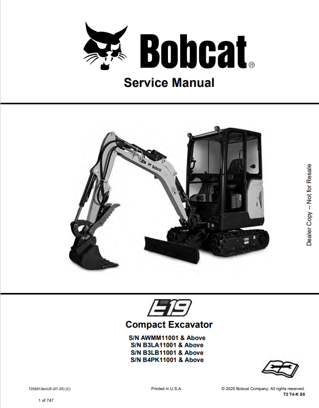BOBCAT E19 COMPACT EXCAVATOR SERVICE MANUAL 7255013 PDF