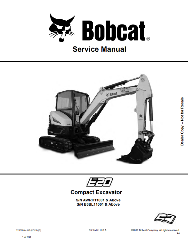 BOBCAT E20 COMPACT EXCAVATOR SERVICE MANUAL 7255008 PDF