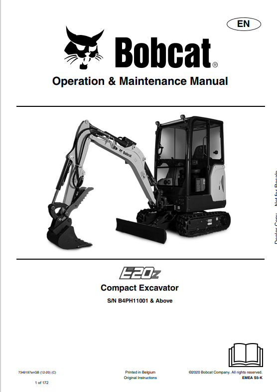 BOBCAT E20z COMPACT EXCAVATOR OPERATION AND MAINTENANCE MANUAL 7349197 PDF