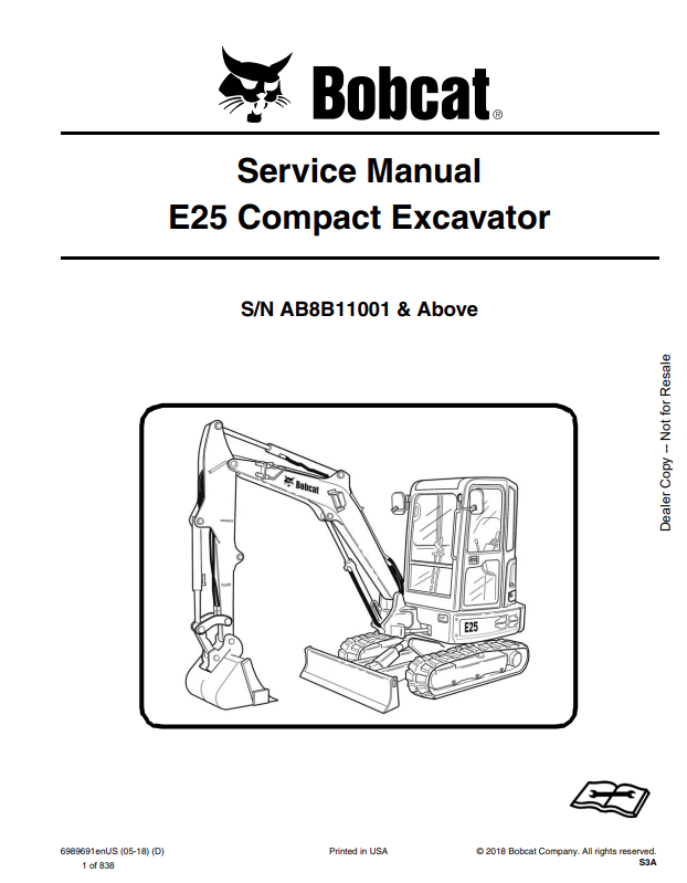 BOBCAT E25 COMPACT EXCAVATOR SERVICE MANUAL 6989691 PDF