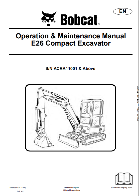BOBCAT E26 COMPACT EXCAVATOR OPERATION AND MAINTENANCE MANUAL 6989694 PDF