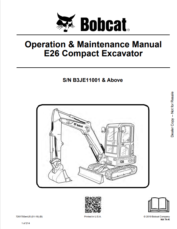 BOBCAT E26 COMPACT EXCAVATOR OPERATION AND MAINTENANCE MANUAL 7261700 PDF
