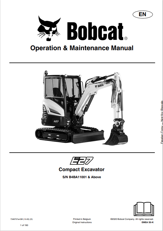 BOBCAT E27 COMPACT EXCAVATOR OPERATION AND MAINTENANCE MANUAL 7349757 PDF