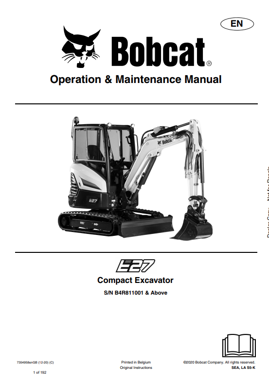 BOBCAT E27 COMPACT EXCAVATOR OPERATION AND MAINTENANCE MANUAL 7354958 PDF