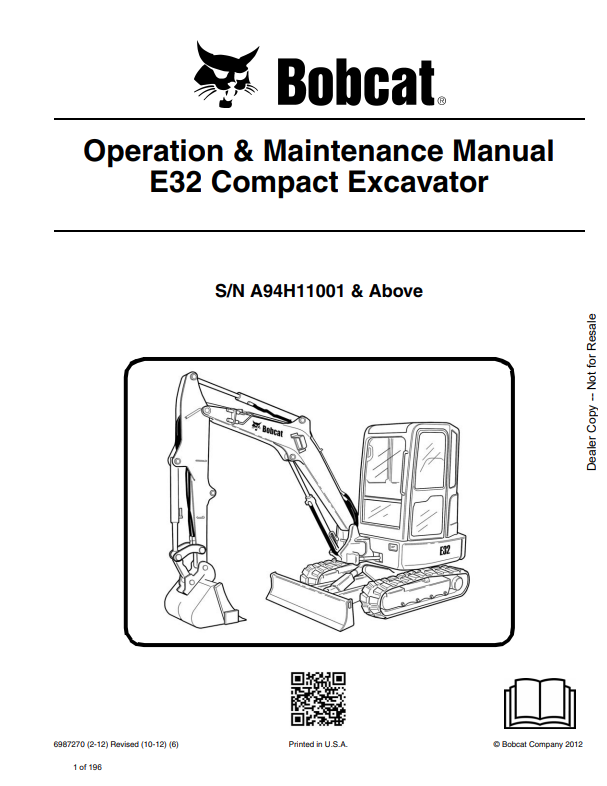 BOBCAT E32 COMPACT EXCAVATOR OPERATION AND MAINTENANCE MANUAL 6987270 PDF