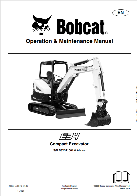 BOBCAT E34 COMPACT EXCAVATOR OPERATION AND MAINTENANCE MANUAL 7323254 PDF