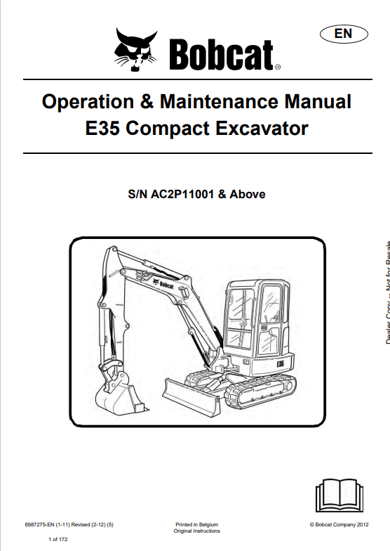BOBCAT E35 COMPACT EXCAVATOR OPERATION AND MAINTENANCE MANUAL 6987275 PDF