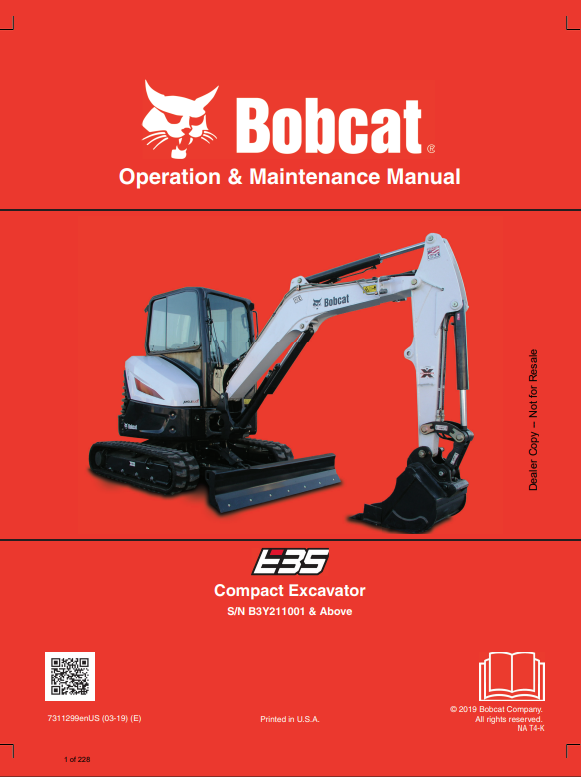 BOBCAT E35 COMPACT EXCAVATOR OPERATION AND MAINTENANCE MANUAL 7311299 PDF