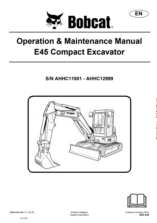 BOBCAT E45 COMPACT EXCAVATOR OPERATION AND MAINTENANCE MANUAL 6989436 PDF