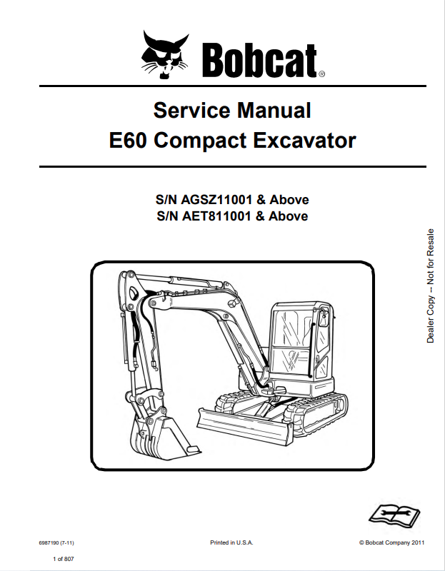 BOBCAT E60 COMPACT EXCAVATOR SERVICE MANUAL 6987190 PDF