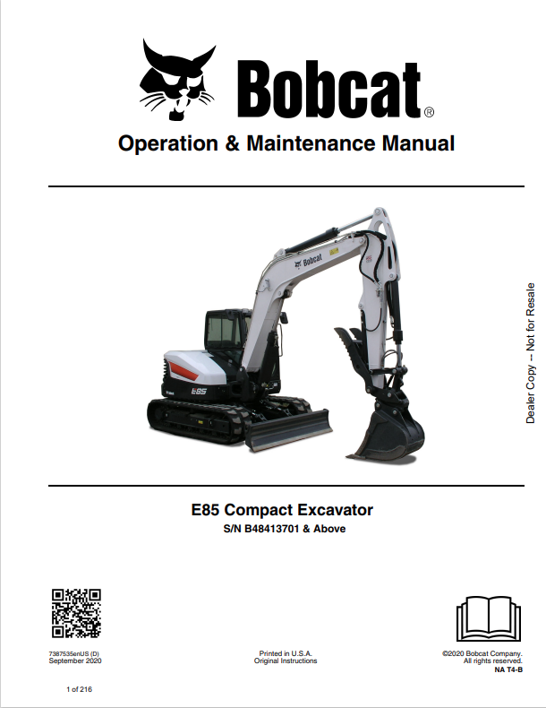 BOBCAT E85 COMPACT EXCAVATOR OPERATION AND MAINTENANCE MANUAL 7387535 PDF