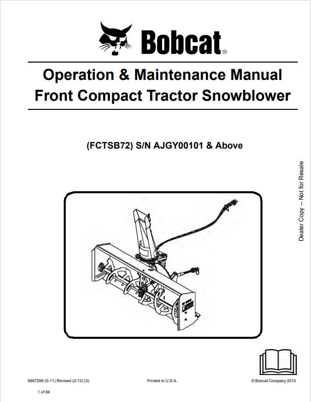 BOBCAT FCTSB72 FRONT COMPACT TRACTOR SNOWBLOWER OPERATION AND MAINTENANCE MANUAL 6987298 PDF