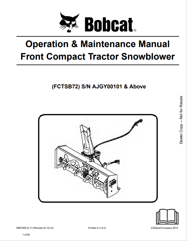 BOBCAT FCTSB72 FRONT COMPACT TRACTOR SNOWBLOWER OPERATION AND MAINTENANCE MANUAL 6987298 PDF