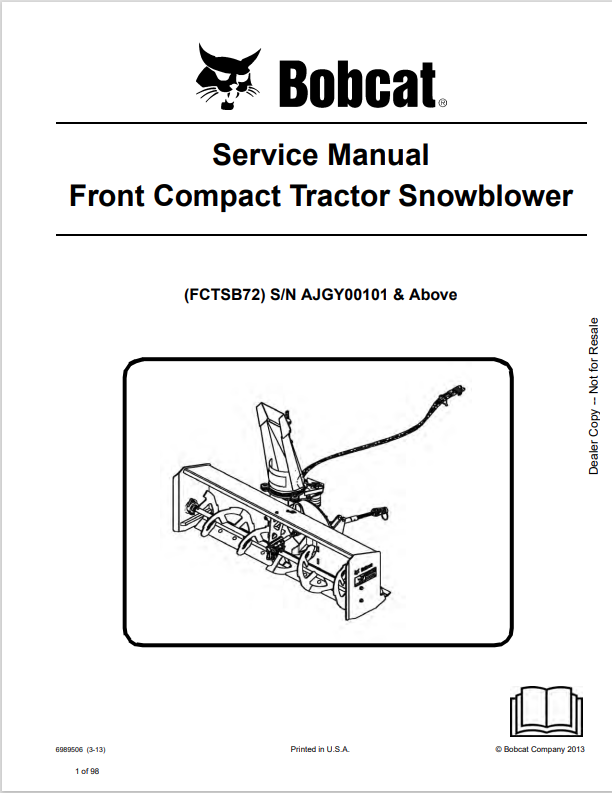 BOBCAT FCTSB72 FRONT MOUNT SNOWBLOWER SERVICE MANUAL 6989506 PDF