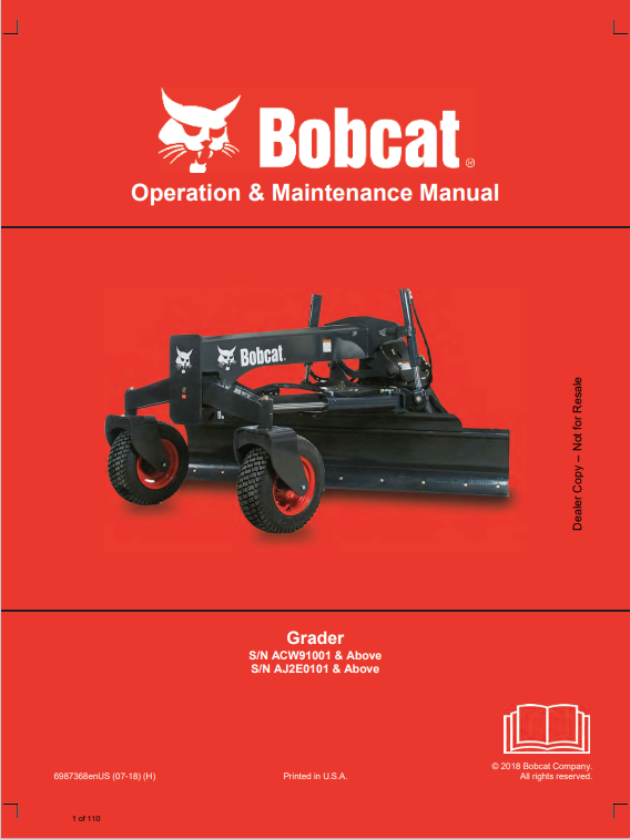 BOBCAT GRADER OPERATION AND MAINTENANCE MANUAL 6987368 PDF