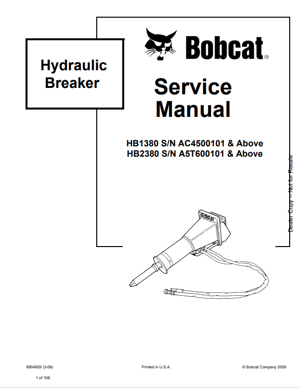 BOBCAT HB1380, HB2380 HYDRAULIC BREAKER SERVICE MANUAL 6904929 PDF
