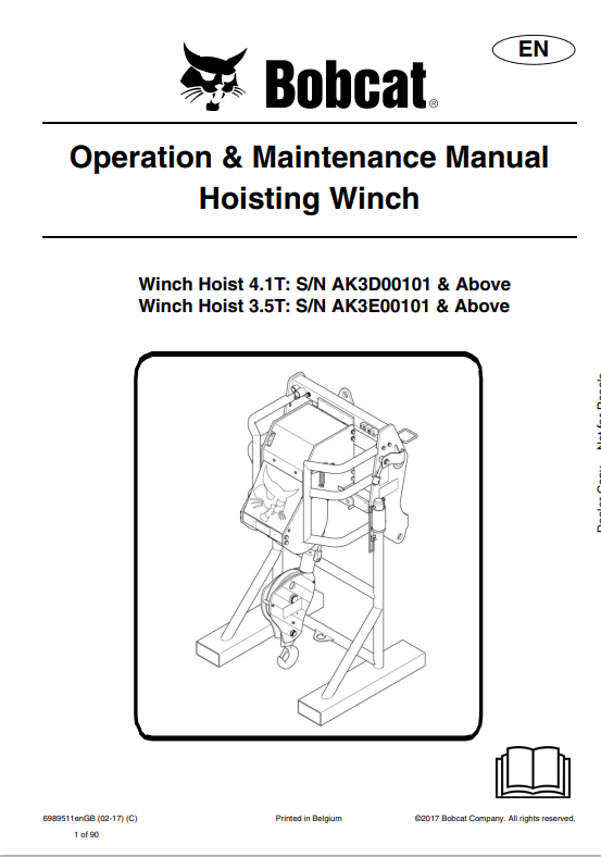 BOBCAT HOISTING WINCH OPERATION AND MAINTENANCE MANUAL 6989511 PDF