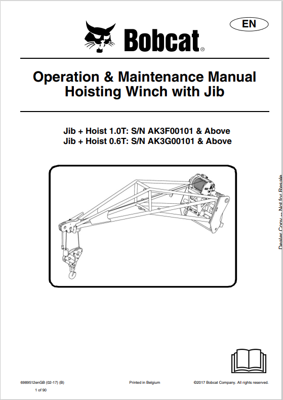 BOBCAT HOISTING WINCH WITH JIB OPERATION AND MAINTENANCE MANUAL 6989512 PDF