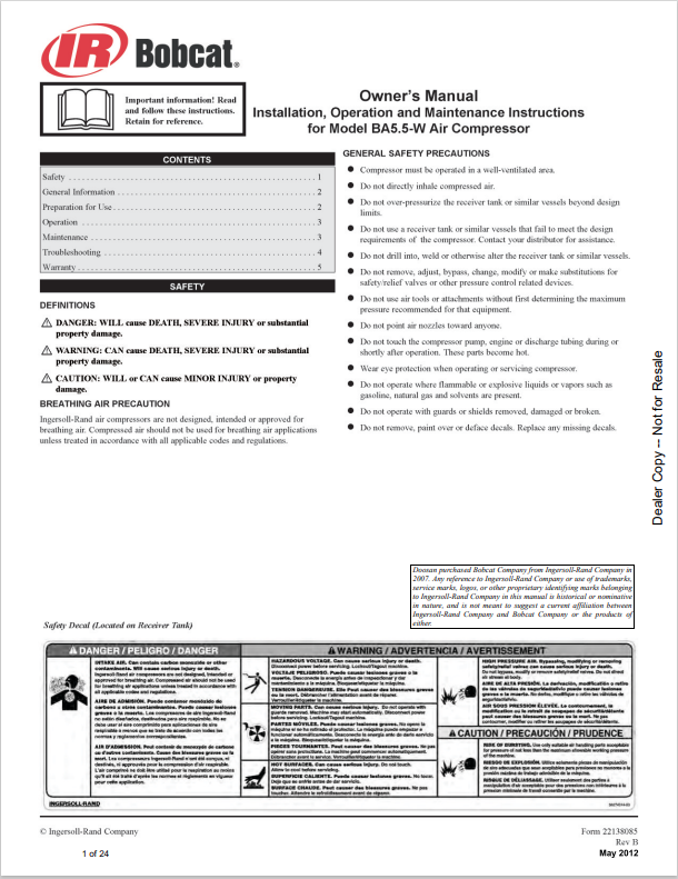 BOBCAT INGERSOLL RAND BA5.5-W AIR COMPRESSOR OWNER MANUAL 22138085 PDF