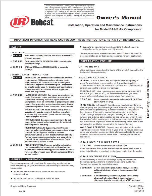BOBCAT INGERSOLL RAND BA9-S AIR COMPRESSOR OWNER MANUAL &nbsp;22138184 PDF