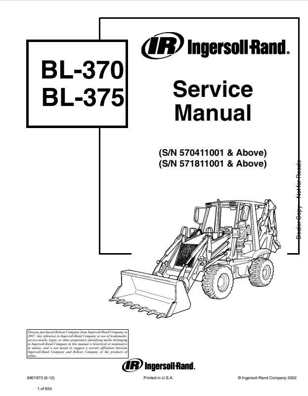 BOBCAT INGERSOLL RAND BL-370, BL-375 BACKHOE LOADER SERVICE MANUAL 6901973 PDF