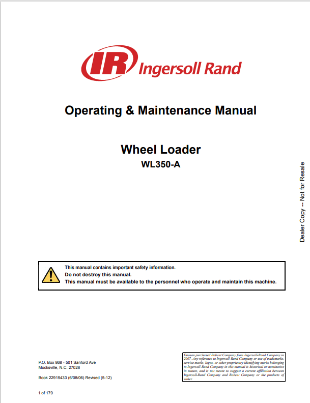 BOBCAT INGERSOLL RAND WL350-A WHEEL LOADER OPERATING AND MAINTENANCE MANUAL 22915433 PDF
