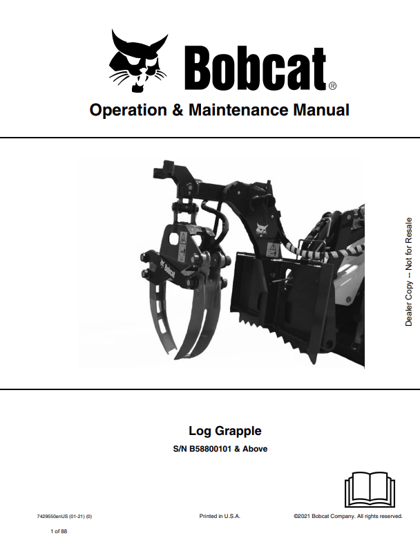 BOBCAT LOG GRAPPLE OPERATION AND MAINTENANCE MANUAL 7429550 PDF