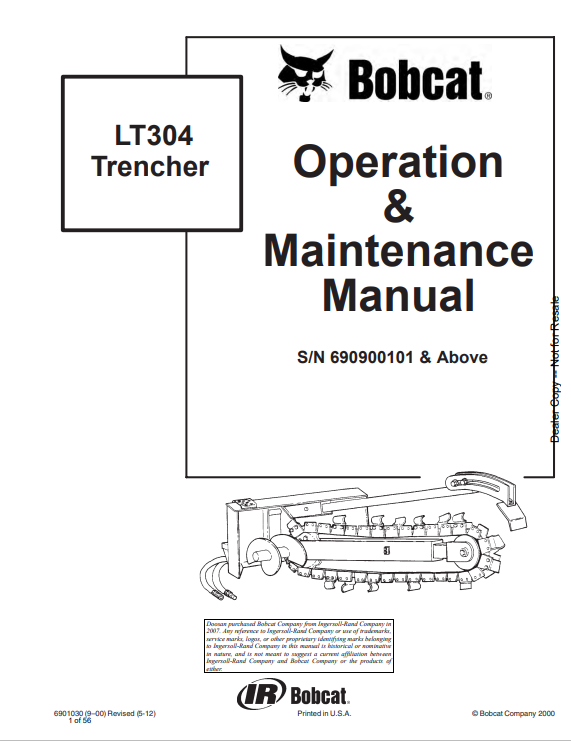 BOBCAT LT304 TRENCHER OPERATION AND MAINTENANCE MANUAL 6901030 PDF