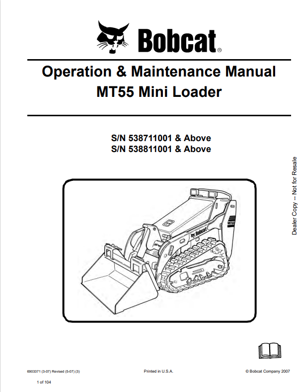 BOBCAT MT55 MINI LOADER OPERATION AND MAINTENANCE MANUAL 6903371 PDF