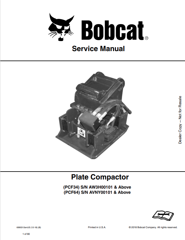 BOBCAT PCF34, PCF64 PLATE COMPACTOR SERVICE MANUAL 6990312 PDF