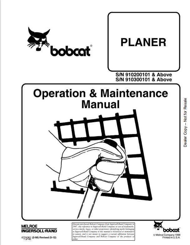 BOBCAT PLANER OPERATION AND MAINTENANCE MANUAL 6724361 PDF