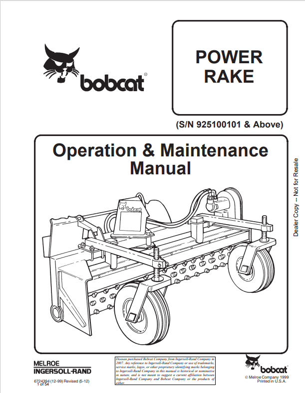 BOBCAT POWER RAKE OPERATION AND MAINTENANCE MANUAL 6724394 PDF