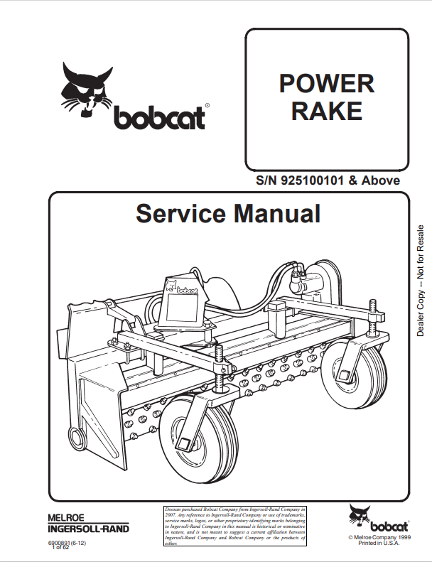 BOBCAT POWER RAKE SERVICE MANUAL 6900891 PDF
