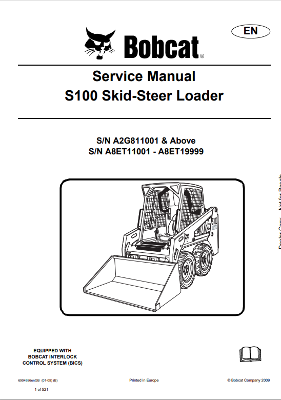 BOBCAT S100 SKID STEER LOADER SERVICE MANUAL 6904926 PDF