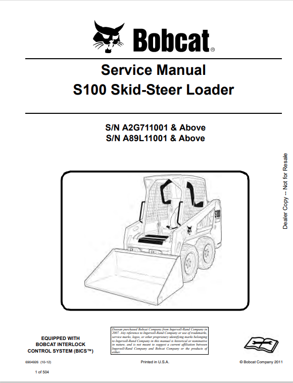 BOBCAT S100 SKID STEER LOADER SERVICE MANUAL 6904926 PDF