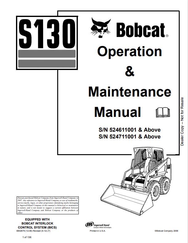 BOBCAT S130 OPERATION AND MAINTENANCE MANUAL 6902679 PDF