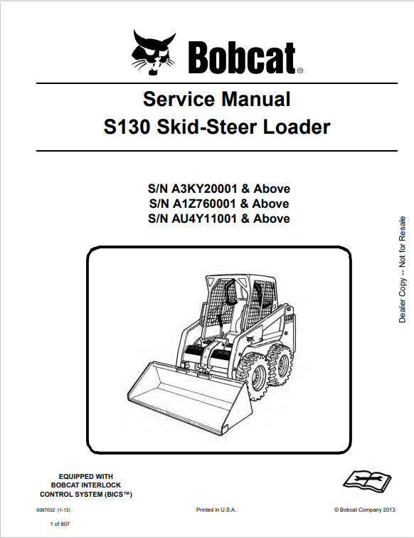 BOBCAT S130 SKID STEER LOADER SERVICE MANUAL 6987032 PDF