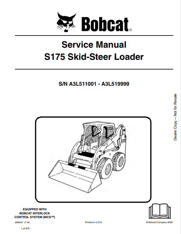 BOBCAT S175 SKID STEER LOADER SERVICE MANUAL 6986567 PDF