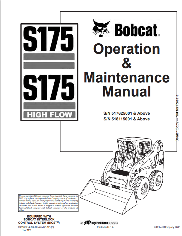 BOBCAT S175 TURBO, S175 TURBO HIGH FLOW OPERATION AND MAINTENANCE MANUAL 6901827 PDF