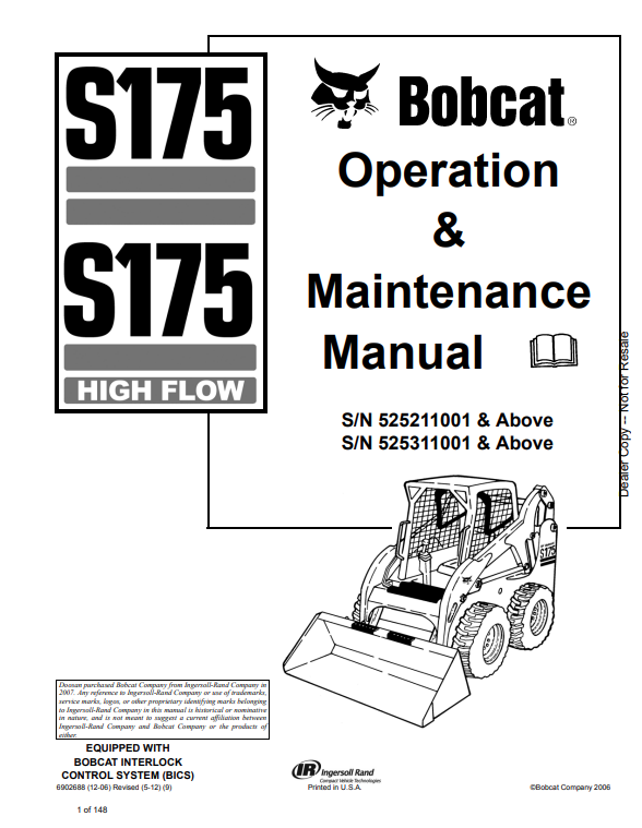 BOBCAT S175 TURBO, S175 TURBO HIGH FLOW OPERATION AND MAINTENANCE MANUAL 6902688 PDF